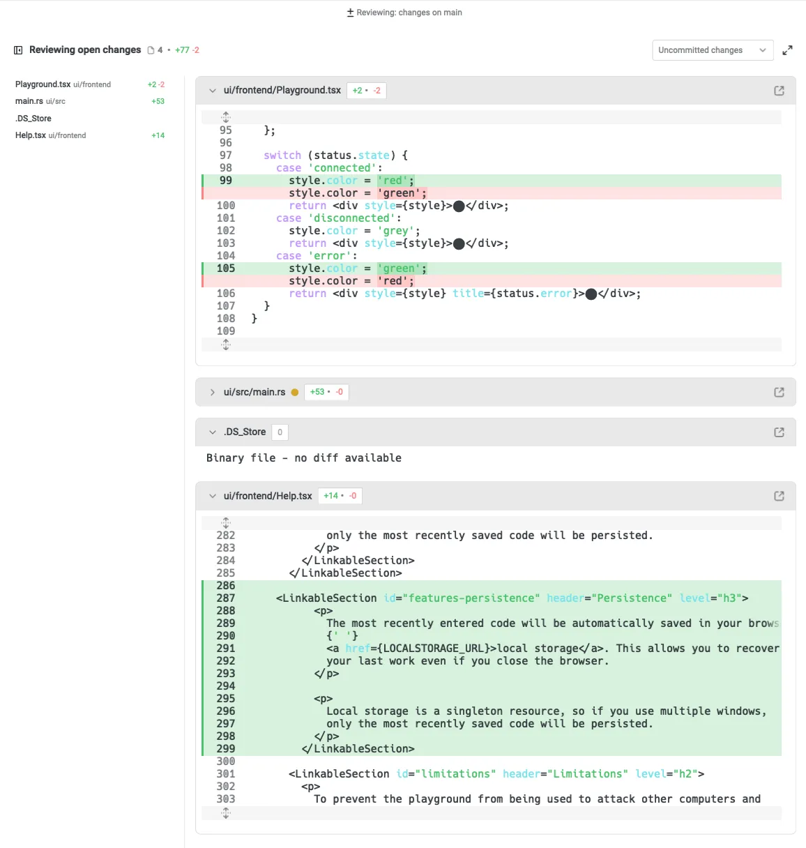 Viewing all edited files in the code review panel, with the file sidebar open.